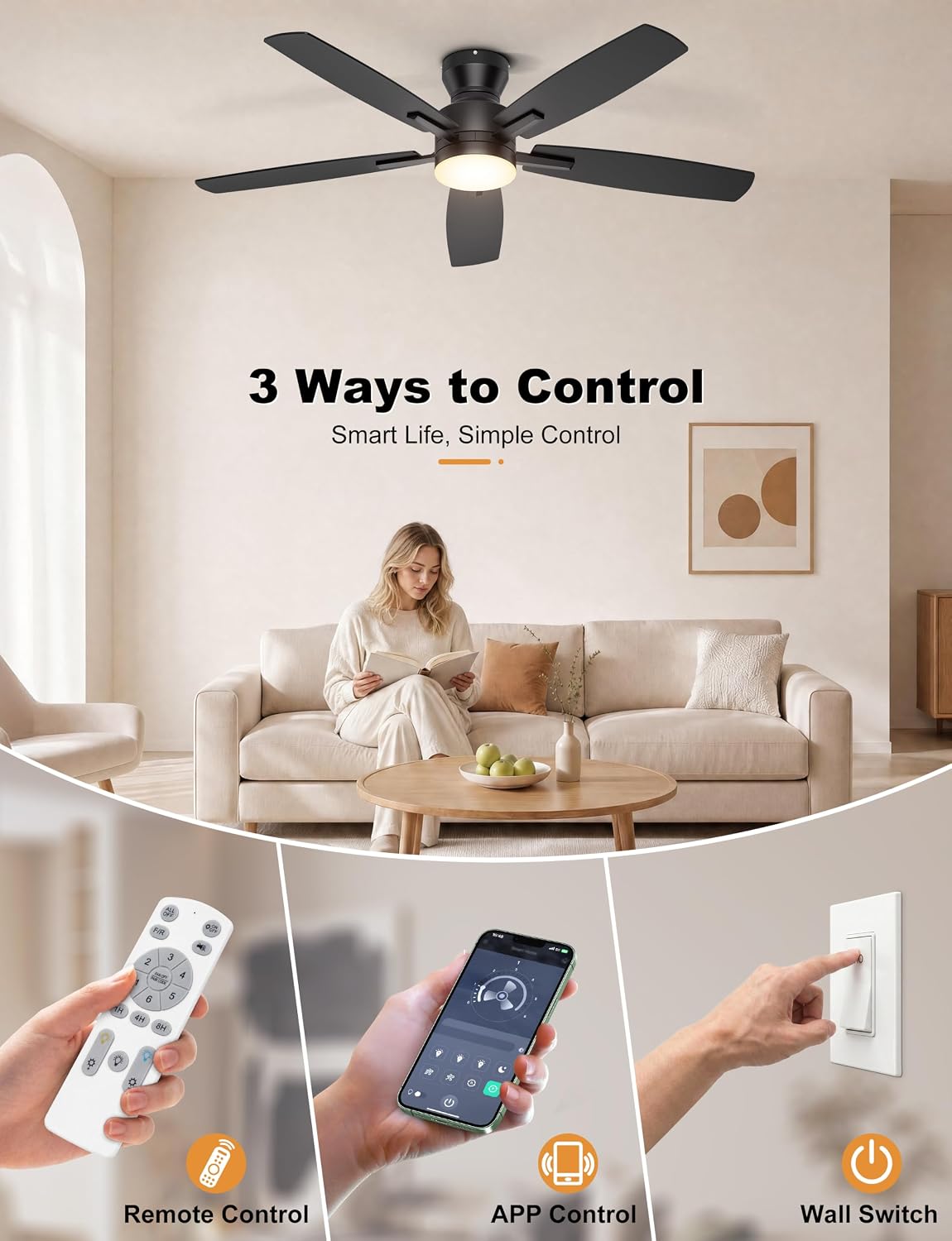 Ohniyou 52'' Low Profile Ceiling Fan with Lights, Remote/APP Control,...
