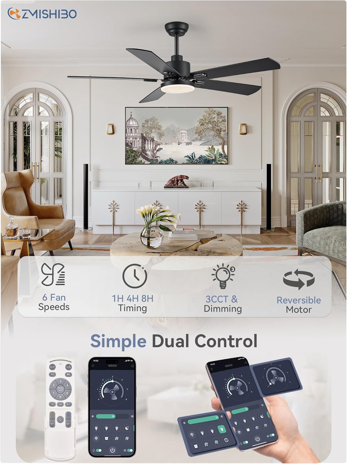 ZMISHIBO 2 Pack 52" Ceiling Fan with Light and Remote, Black Modern Indoor