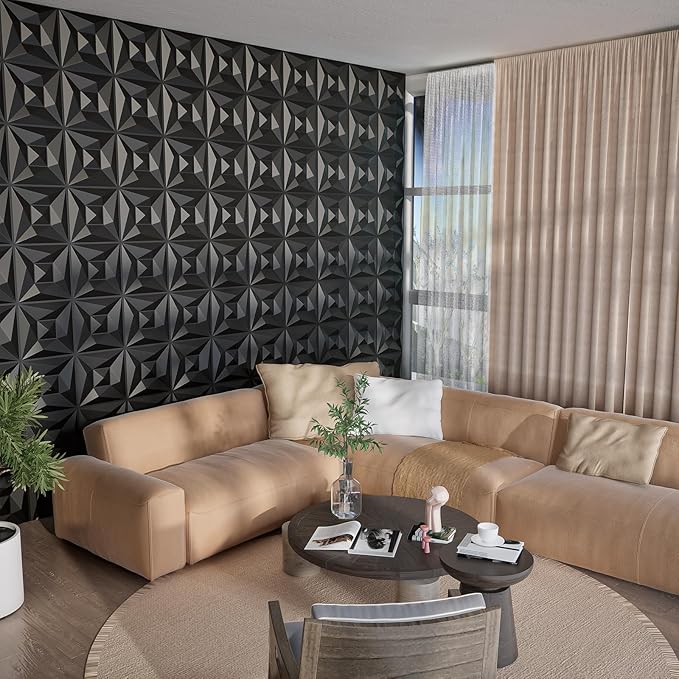 Greymond Black PVC 3D Wall Panels, 33 Pack 11.8''x11.8''Geome...