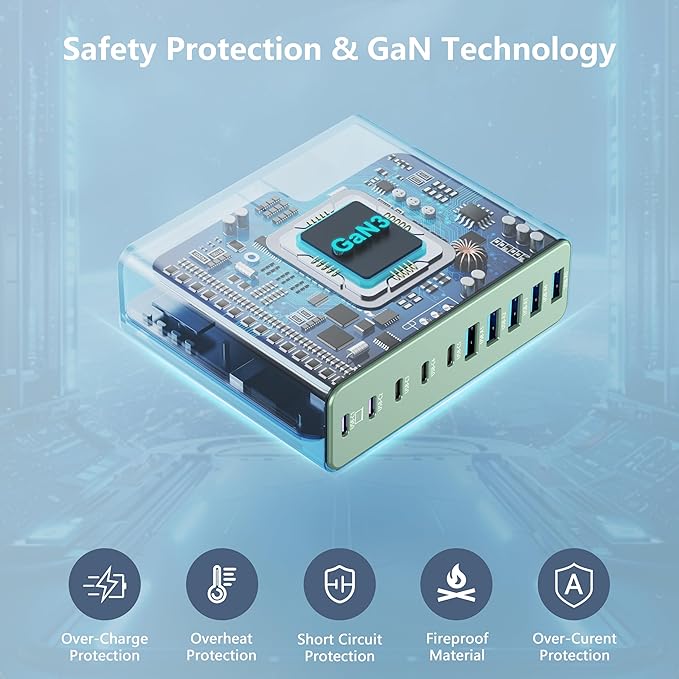 320W USB C Charger Block, 10-Port USB C Charging Station GaN III PD 65W PC