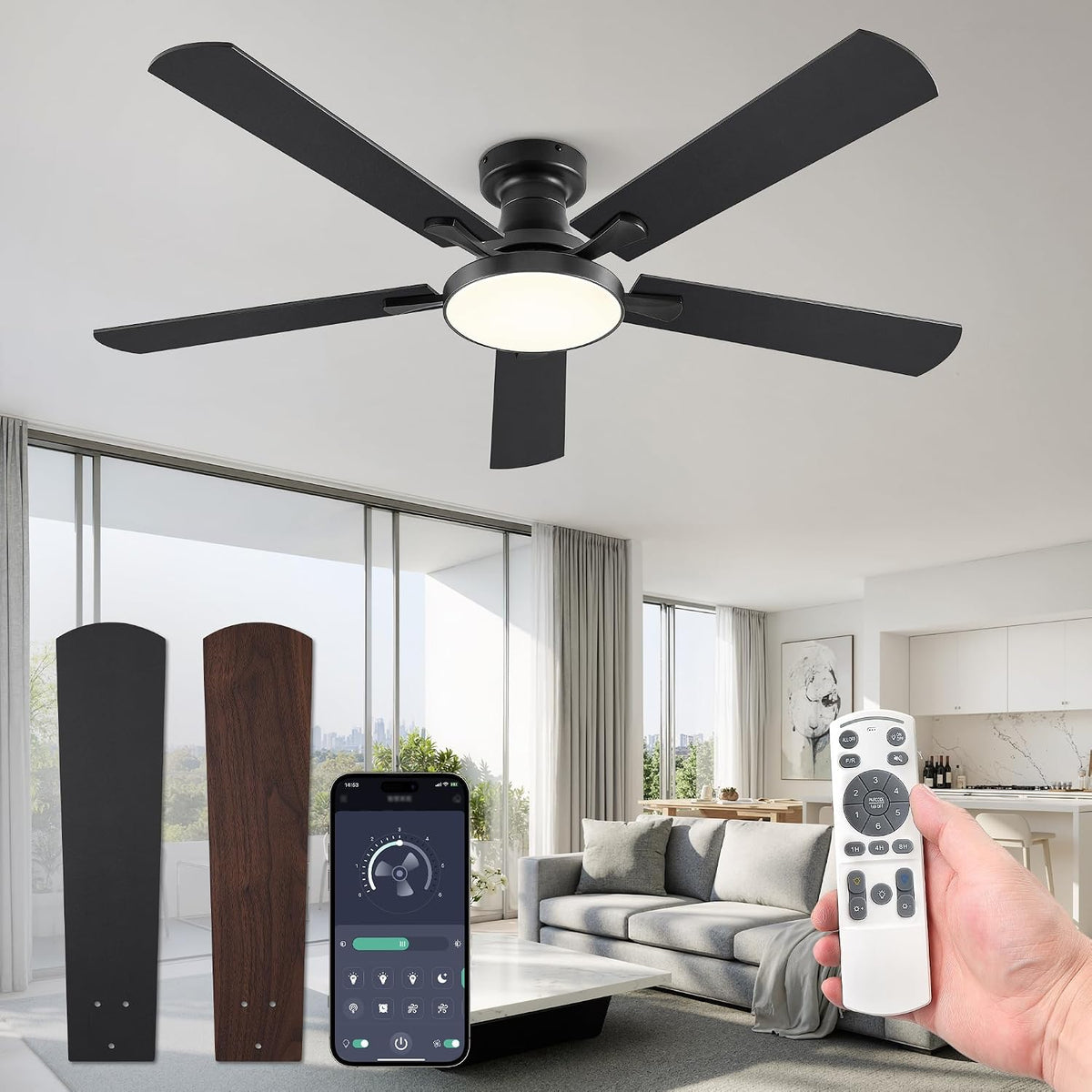 ZMISHIBO 52 Inch Flush Mount Ceiling Fan with Light, Remote&APP, Black