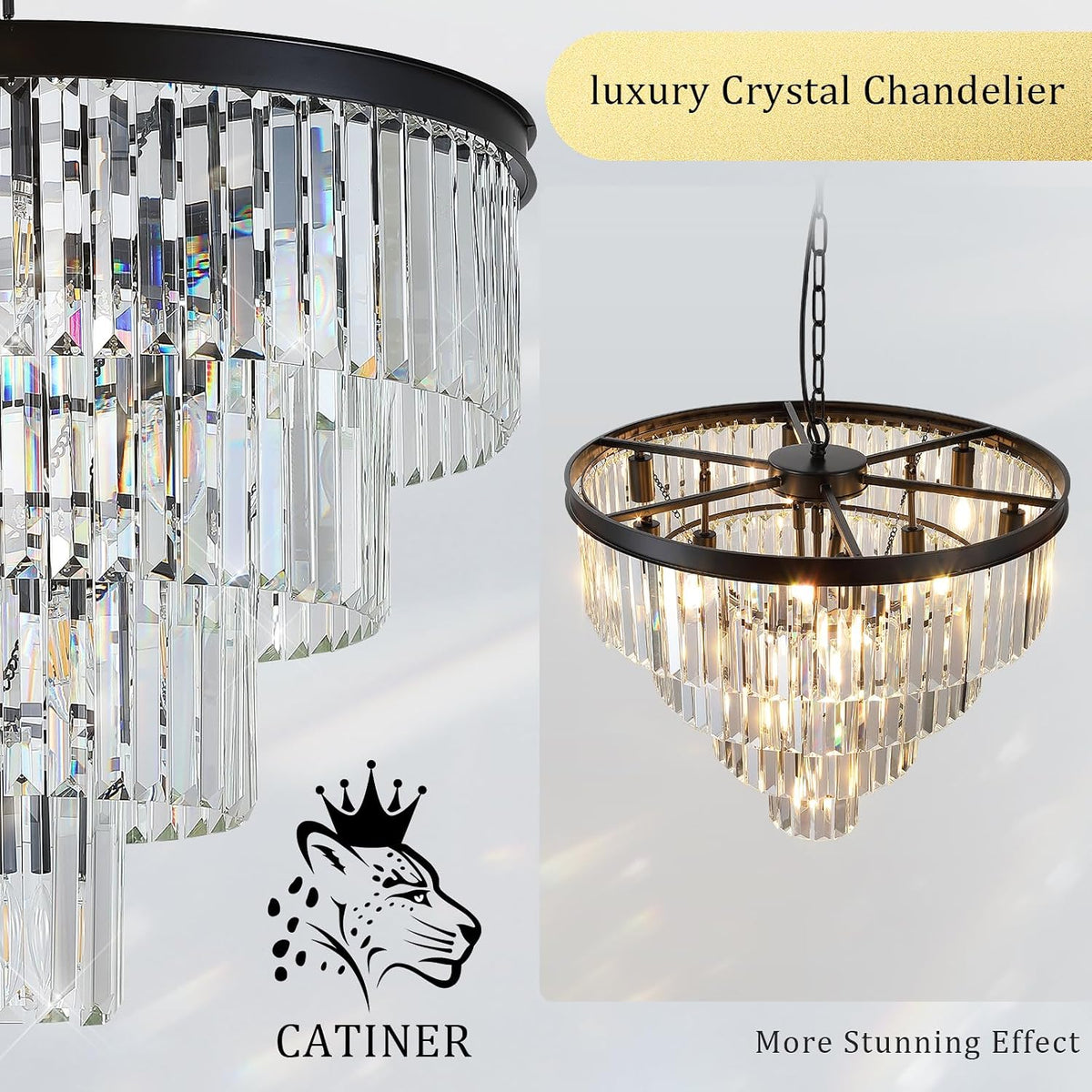 24" Modern Crystal Chandeliers,12-Light Black Round Light Fixture