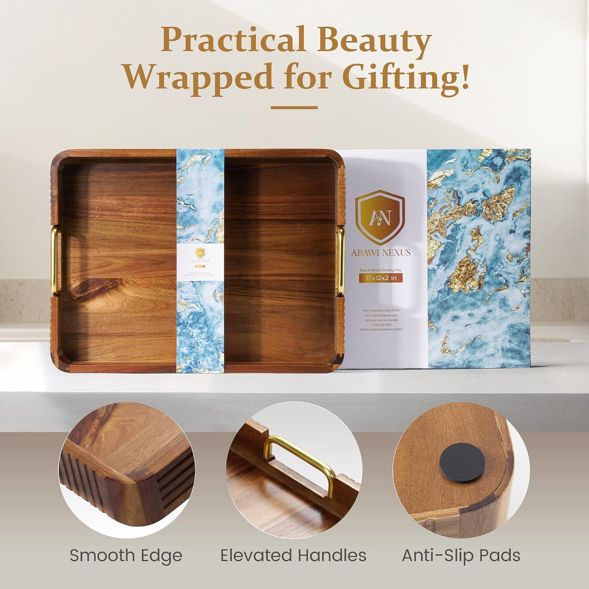 Acacia Wood Serving Tray with Gold Handles (Natural, 17" x 13" x 2&...