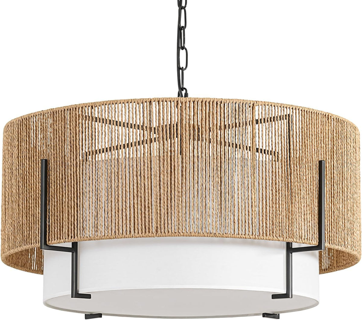 25.6" Large Rattan Chandelier for Dining Room, 6-Light Boho Pendant Light