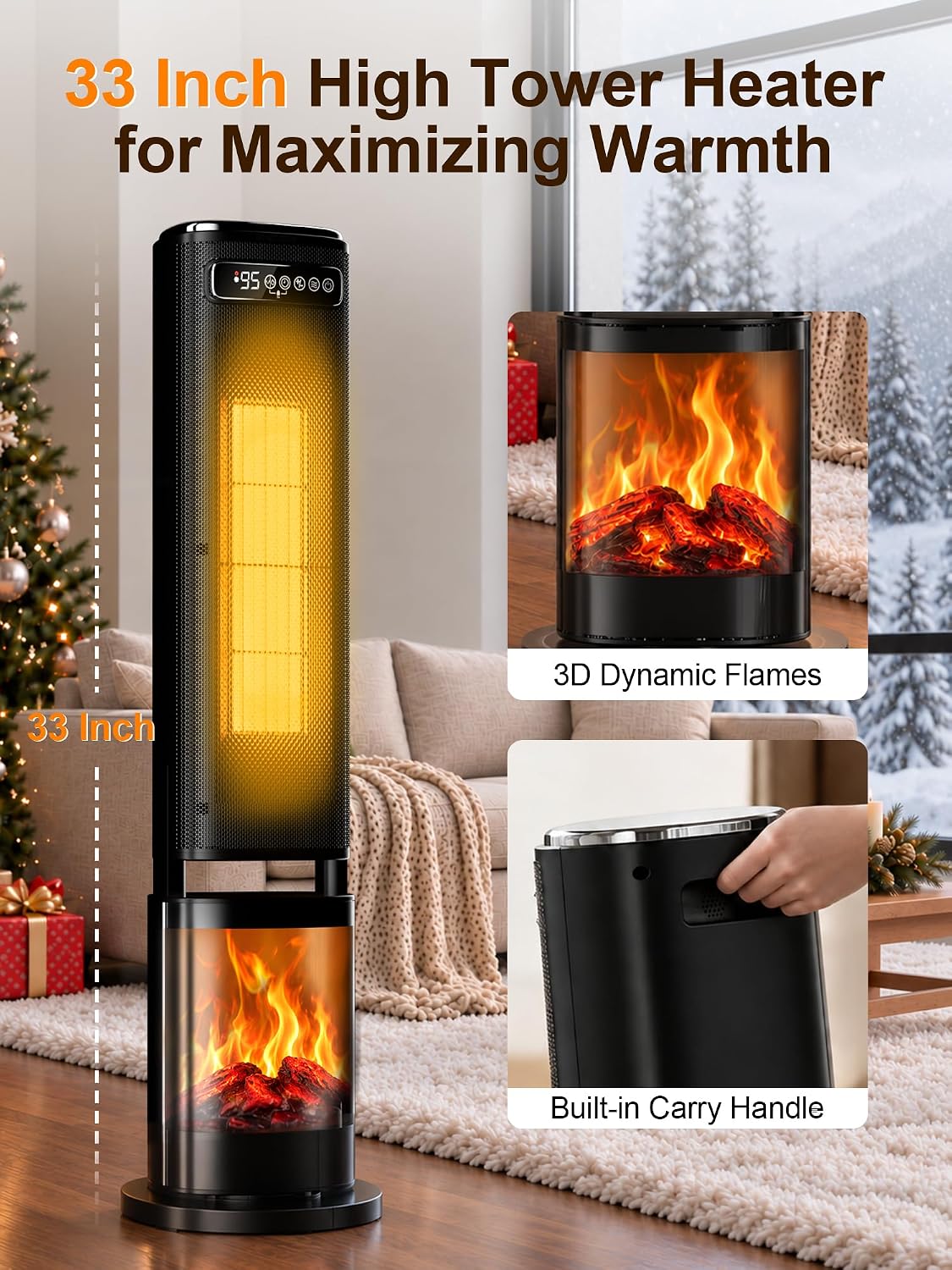 Uthfy 33'' Space Heaters for Indoor Use, 1500W Electric Heaters, 3D F...