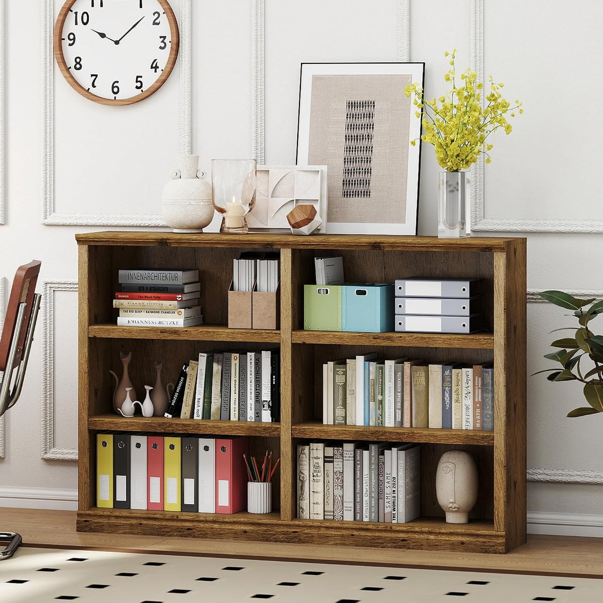 64" W Double Wide Horizontal Bookshelf, 3 Tiers 6 Storage Cube Book Case
