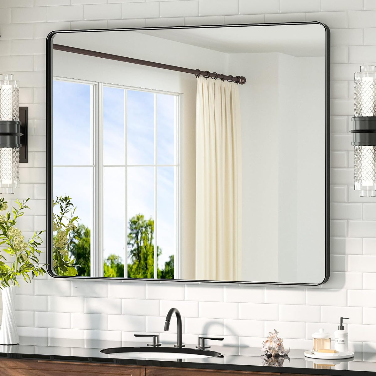 42 x 36 Black Bathroom Mirror Matte Black Metal Framed Vanity Mirror, Tempere...