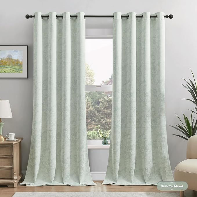 Beauoop Green Floral Jacquard Blackout Curtains 63 Inches Long 2 Panels