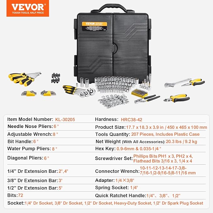 VEVOR Mechanics Tool Set 207 Pieces 1/4" 3/8" 1/2" Drive Socke...