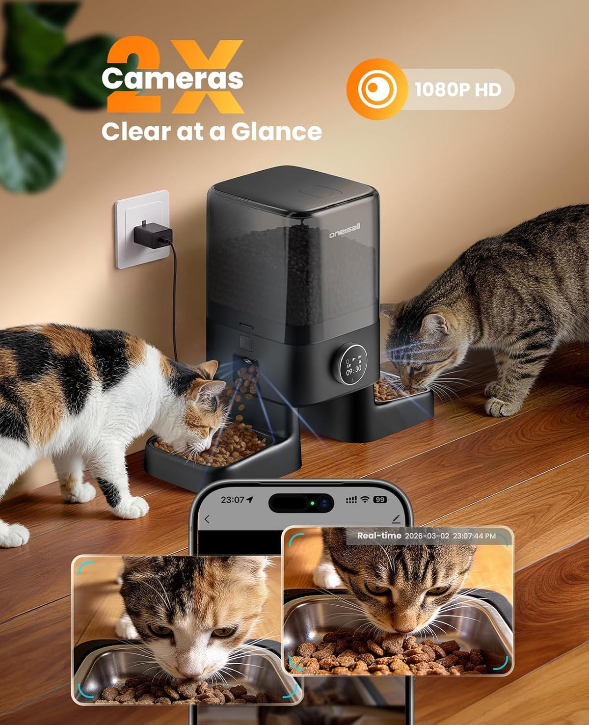 oneisall Automatic Cat Feeder with Camera for 2 Cats Pets, 20 Cups/5L