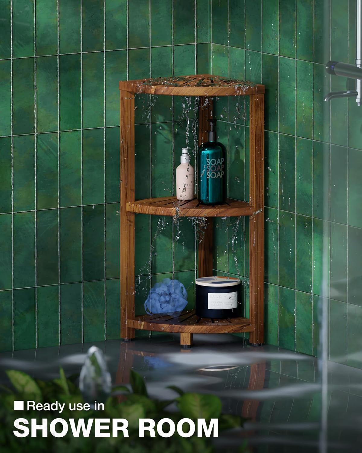BLUEWEST 3-Tier Wooden Corner Shower Caddy Organizer with Anti-Slip Feet (Aca...