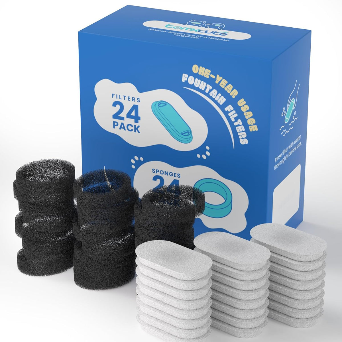 Official Tomxcute Cat Water Fountain Replacement Filters (24+24 Pack)