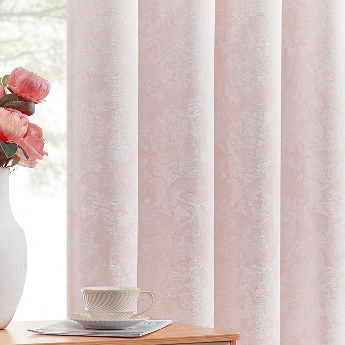 Beauoop Pink Floral Jacquard Blackout Curtains 96 Inches Long 2 Panels