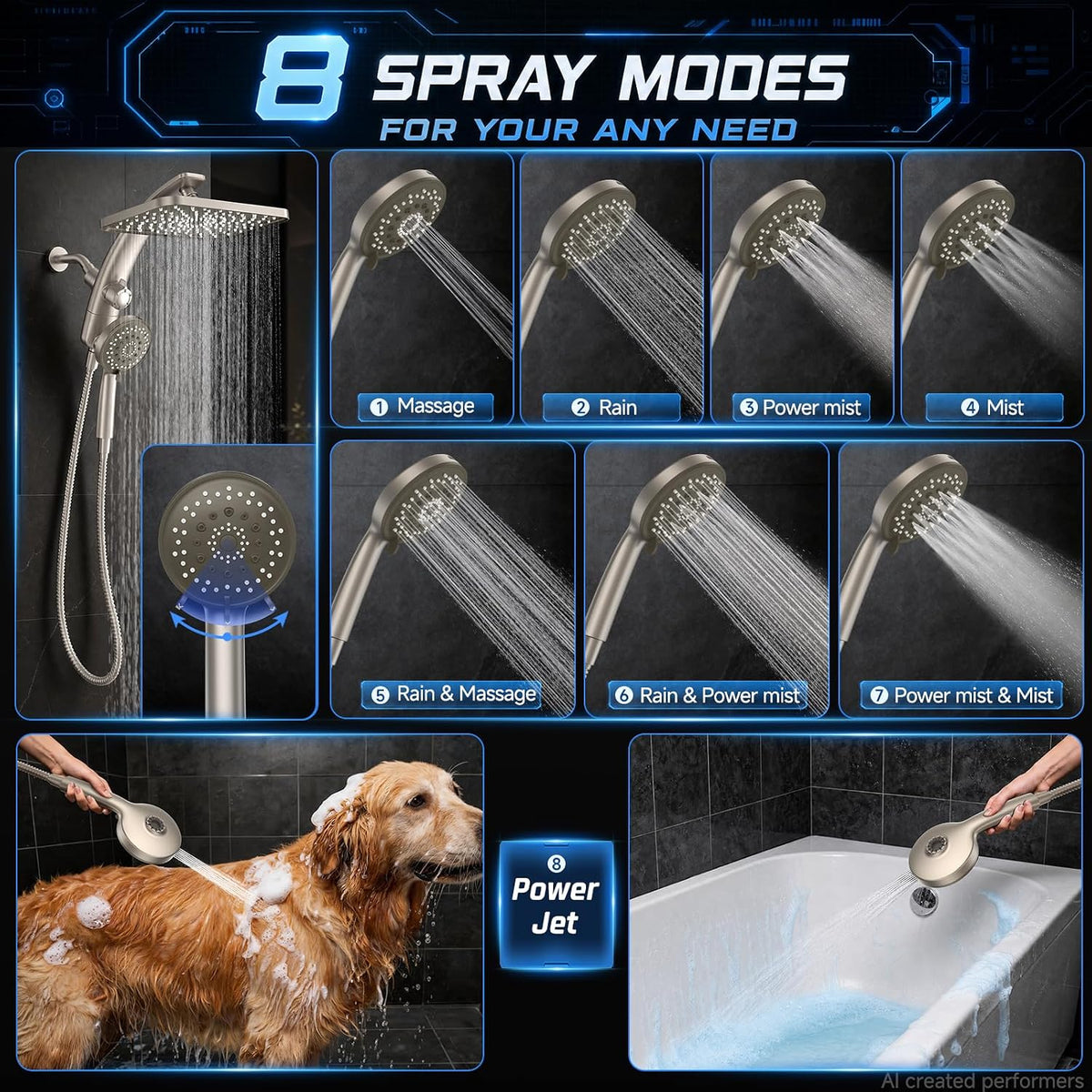 Veken 12" Rain Shower Head with Handheld,High Pressure Power Wash,Magnetic