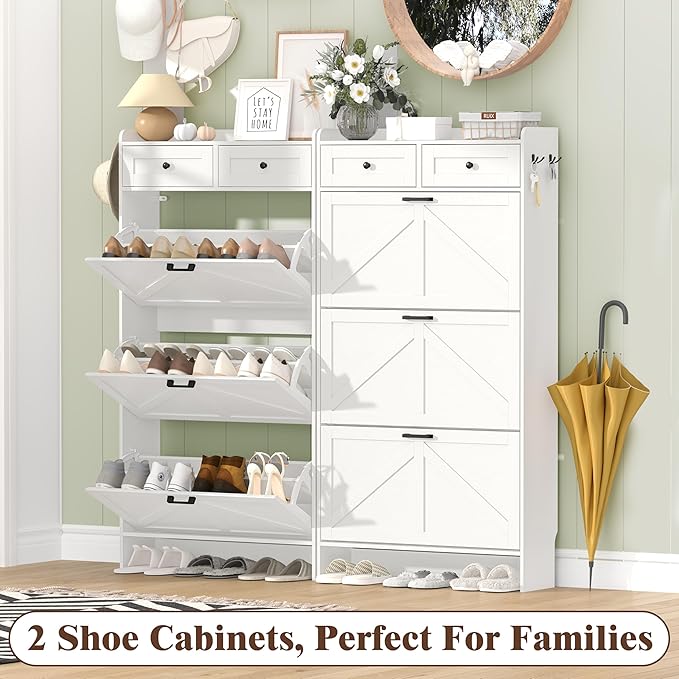 Shoe Cabinet with 3 Flip Drawers & 2 Storage Drawers, Rustic Farmhouse Na...