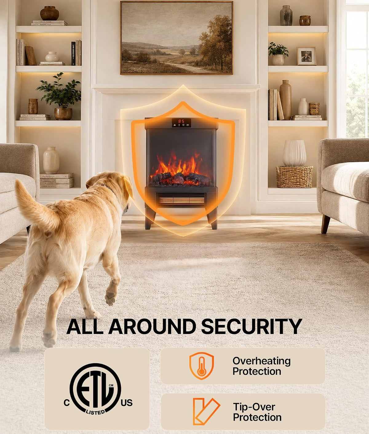 Electric Fireplace Stove Heater with Dual Heat & 3D Flame, 1500W