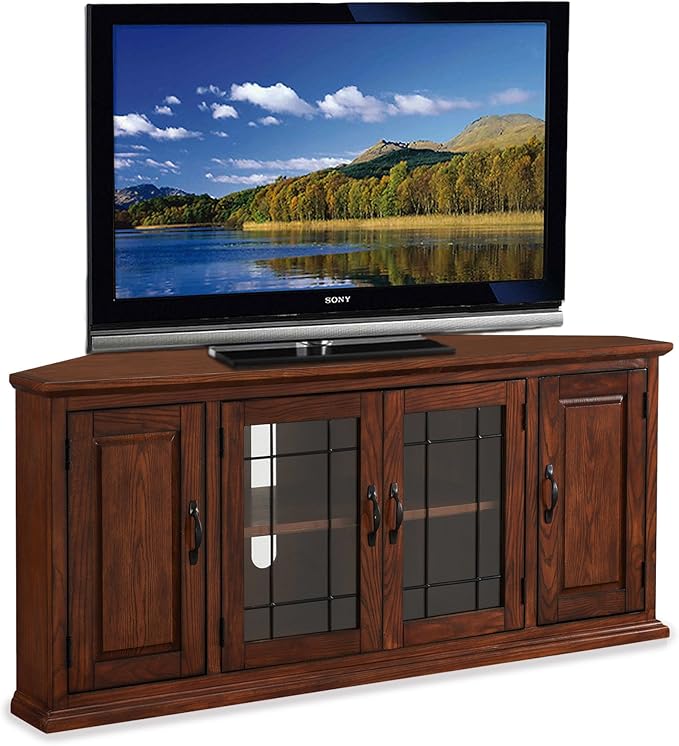 Leick Home Riley Corner TV Stand 60 in, Burnished Oak, Solid Wood, Beveled
