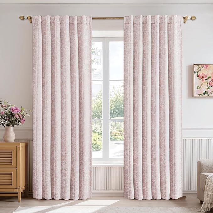 Beauoop Pink Floral Jacquard Blackout Curtains 90 Inches Long 2 Panels