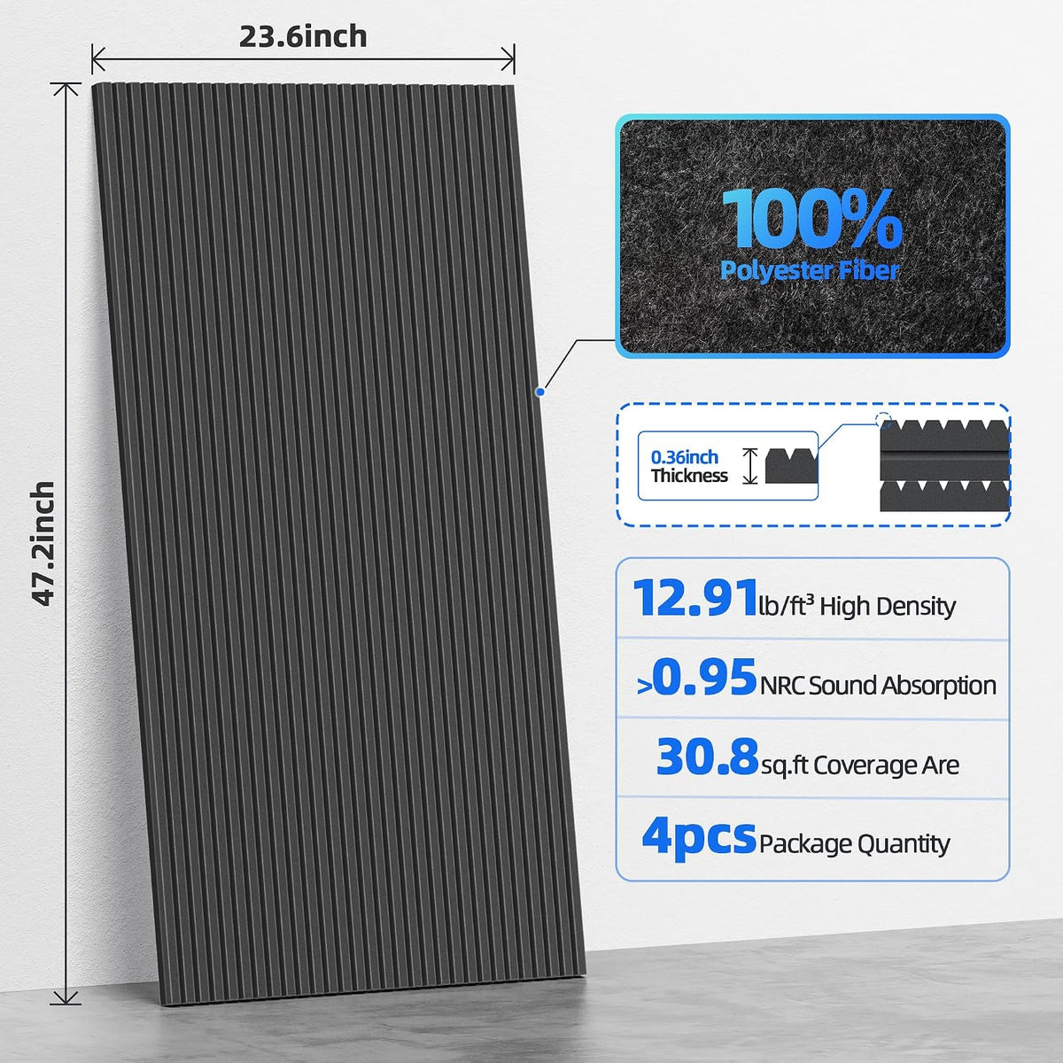 4 Pack High Density Large Acoustic Panel Sound Absorbing with Self-Adhesive