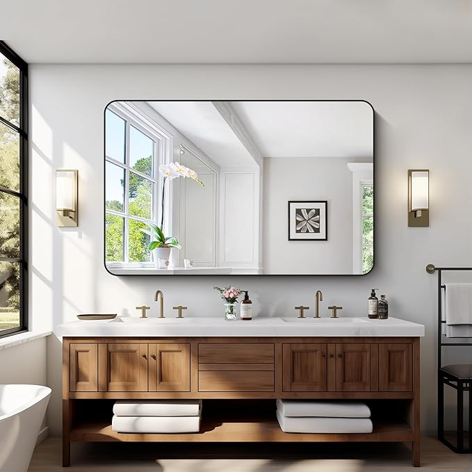 Bathroom Mirror, 55 x 36 inch Black Rectangle Wall Mirror, Metal Frame Rounded