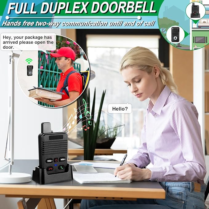 Wireless Doorbell, Waterproof Full Duplex Doorbell Wireless Upgrade, 1000ft