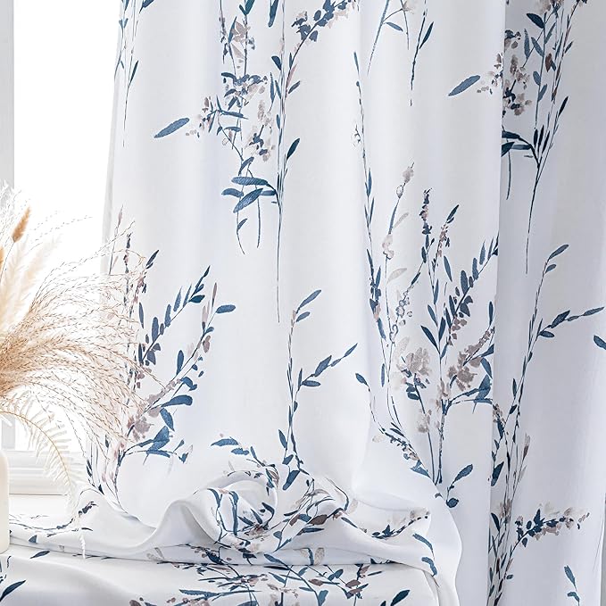MYSKY HOME 90 inch Curtains for Living Room Floral Curtains Light Filtering