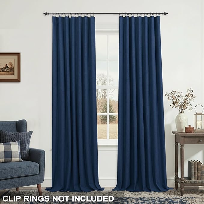 KOUFALL Navy Blue Linen Blackout Curtains 84 Inch Length, Dark Blue Thermal