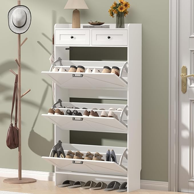 Shoe Cabinet with 3 Flip Drawers & 2 Storage Drawers, Rustic Farmhouse Na...
