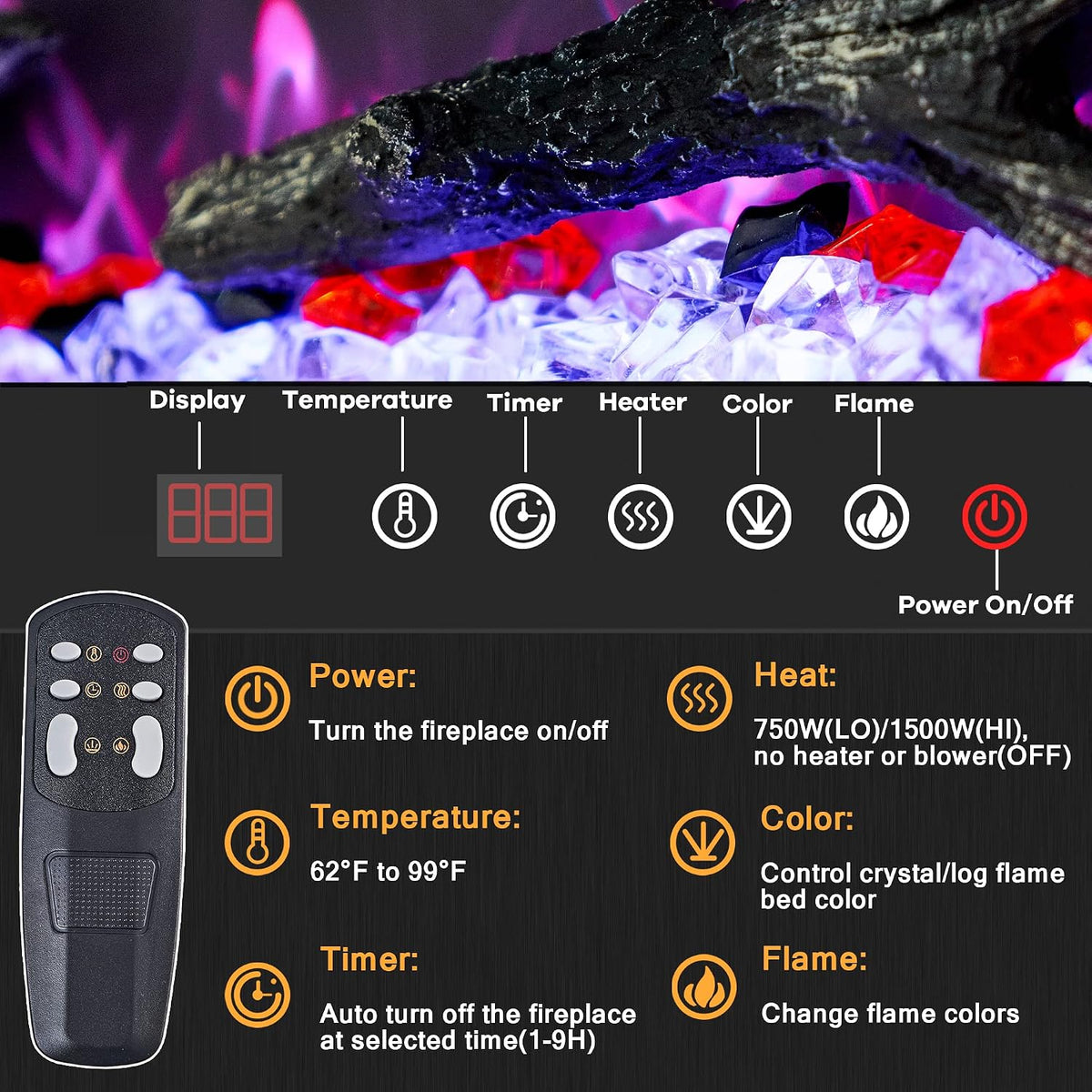 39" Electric Fireplace Inserts w/Thermostat, 9 Timer