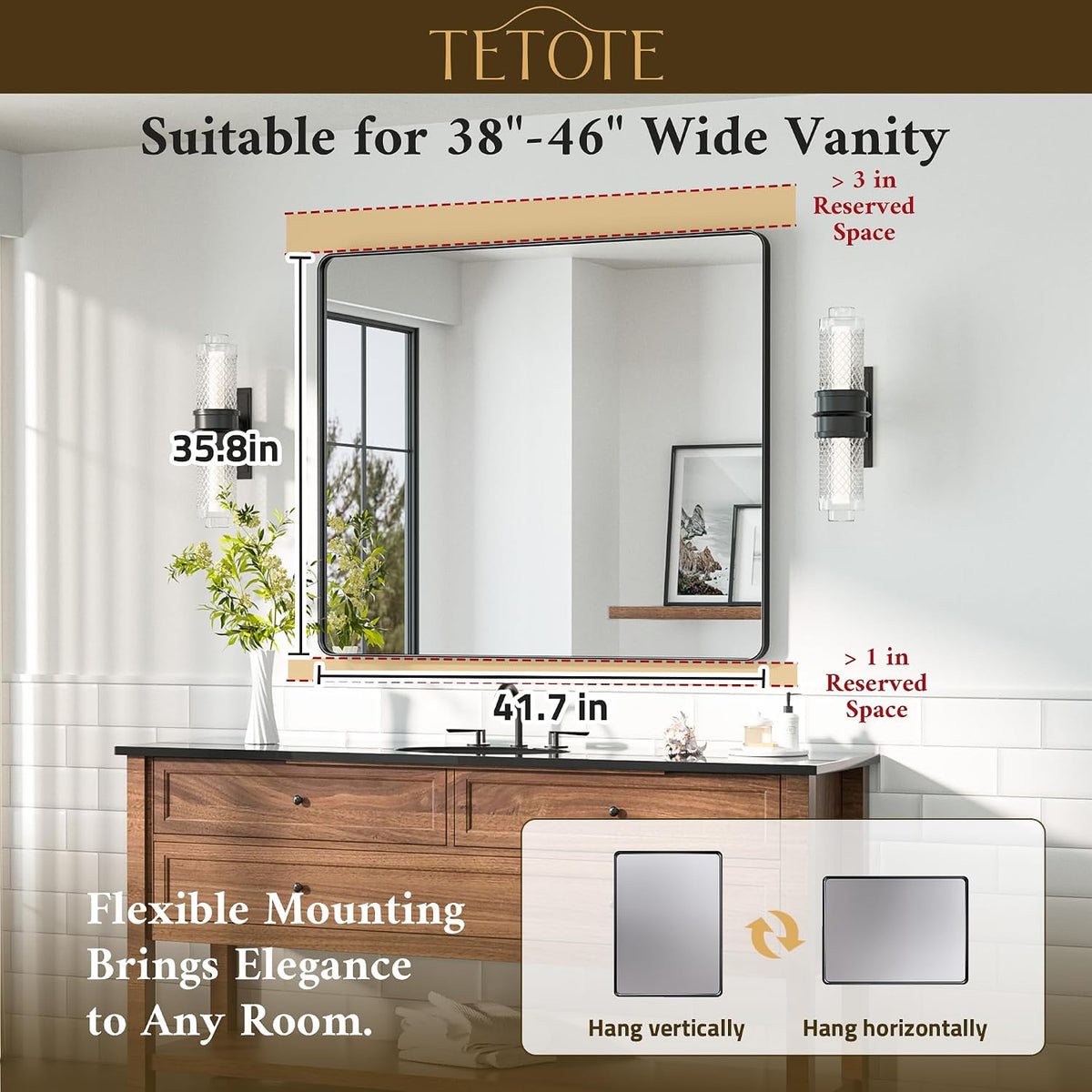 42 x 36 Black Bathroom Mirror Matte Black Metal Framed Vanity Mirror, Tempere...