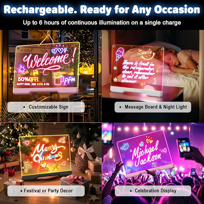 16-Inch Rechargeable Doodle Glow LED Note Board, 7-Color Light Modes, Neon Art