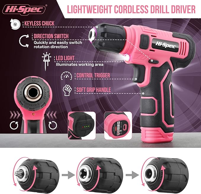 Hi-Spec 110pc Pink 8V USB Electric Power Cordless Womens Drill Driver Set.