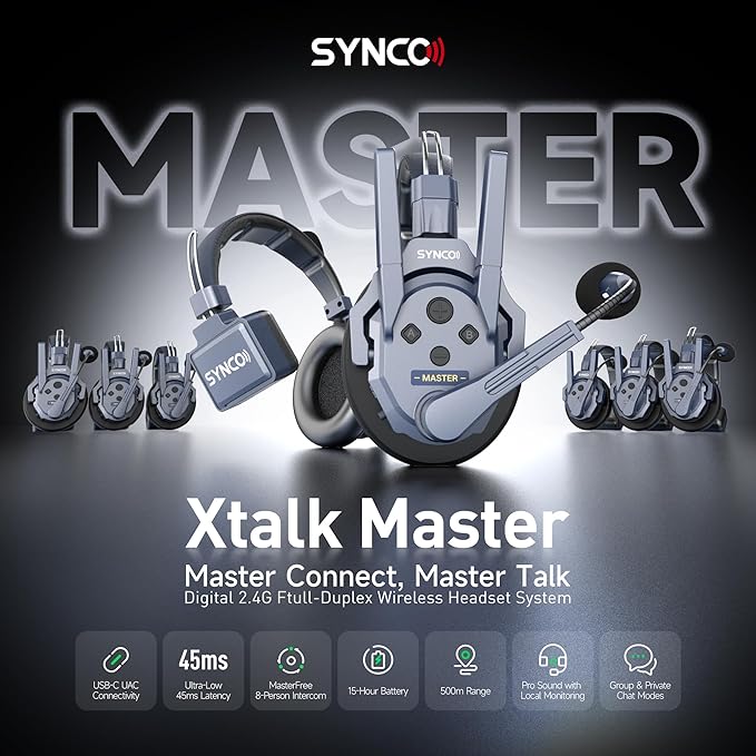 SYNCO Xtalk Master Wireless Intercom Headset System, 8 Person 2.4GHz