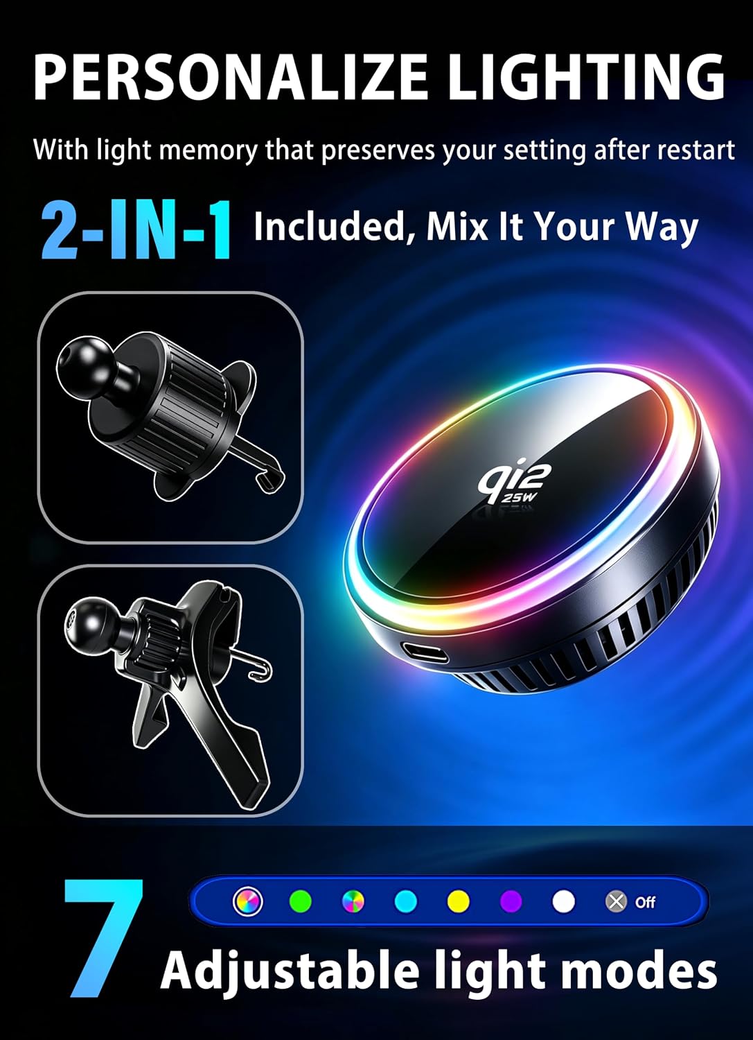 Qi2.2 25w Wireless Charging Car Mount with 63W Adapter & 2 Vent hook clamps