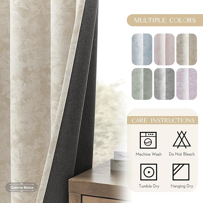 Beauoop Beige Floral Jacquard Blackout Curtains 96 Inches Long 2 Panels