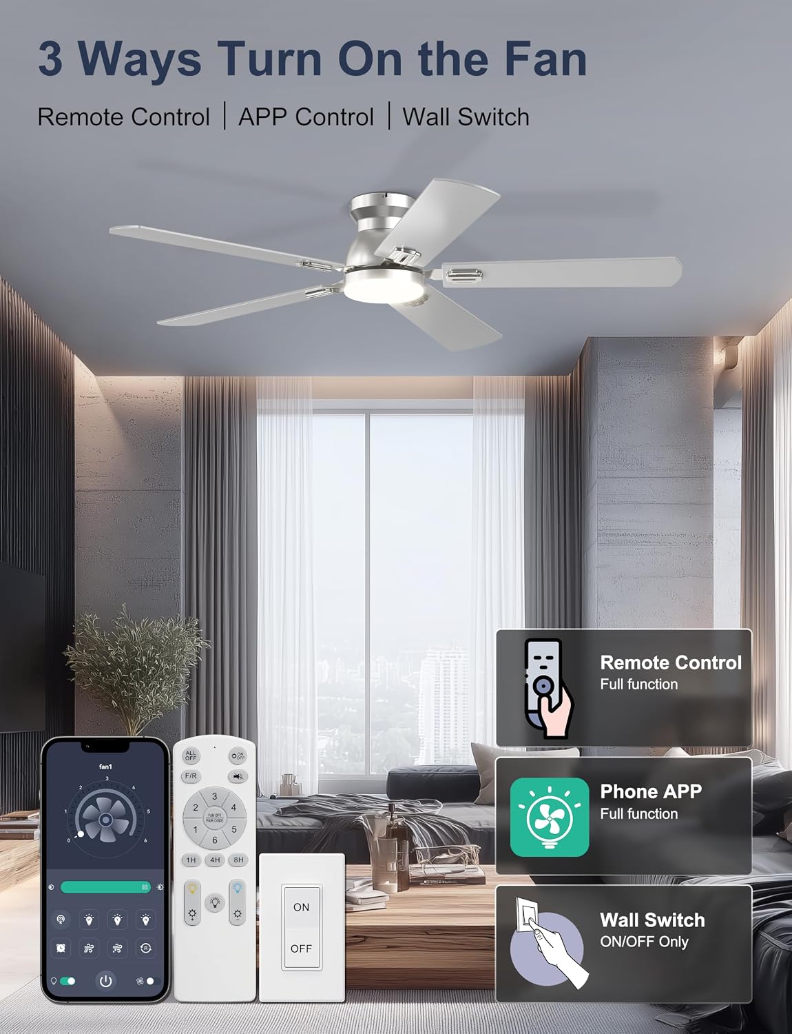 52'' Silver Flush Mount Ceiling Fan with Lights for Bedroom
