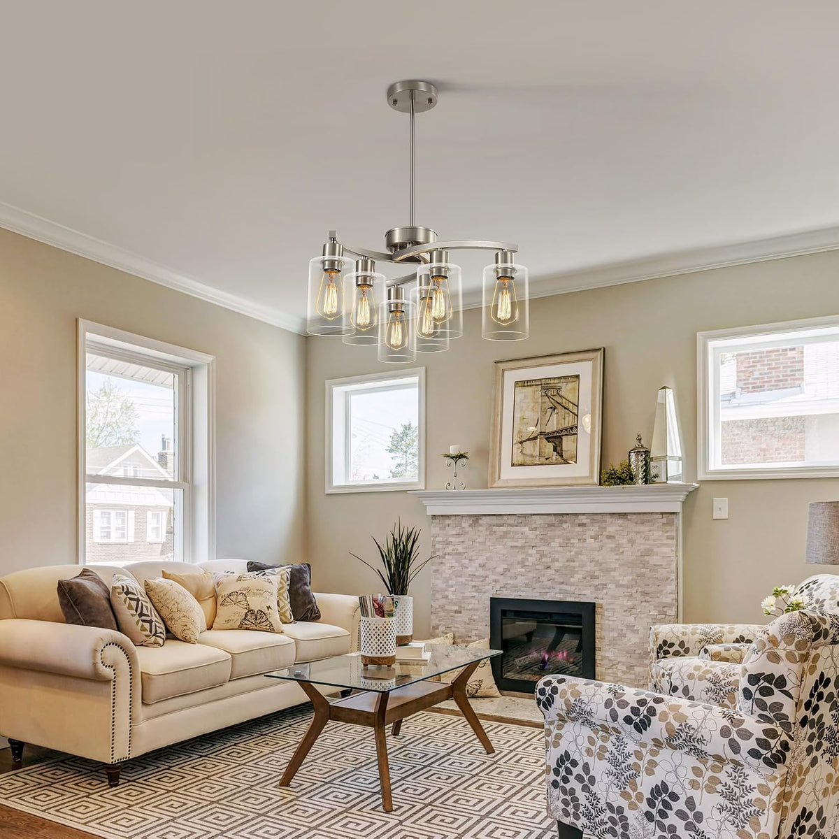 CNRATYE 6-Light Brushed Nickel Chandeliers for Dining Room Light Fixtures Ove...
