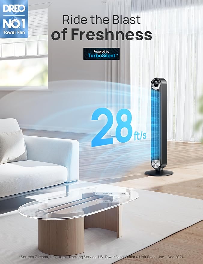 Dreo Tower Fan for Bedroom, Upgraded DC 9 Speeds 25dB Ultra-Quiet Floor Fan
