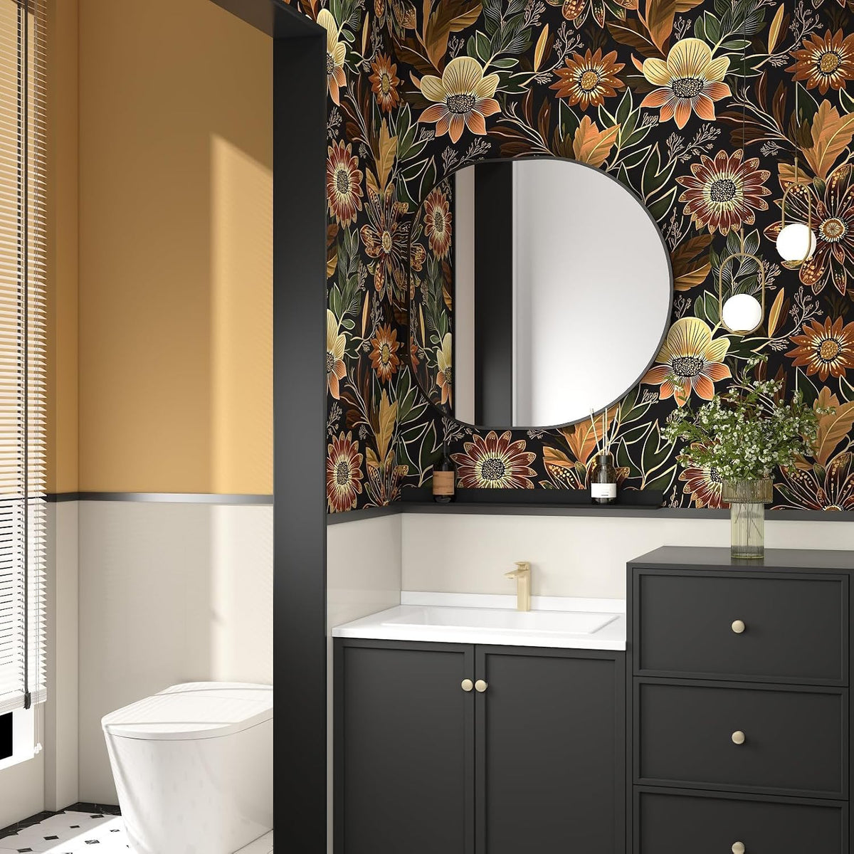 Boho Dark Black Gold Floral Wallpaper Peel and Stick 17.5"x393" | S...