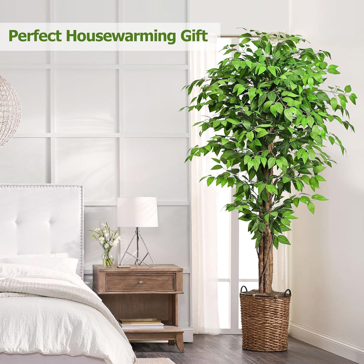 6.2ft Ficus Artificial Trees with 3 Natural Curved Trunks, 74" Tall Lush...
