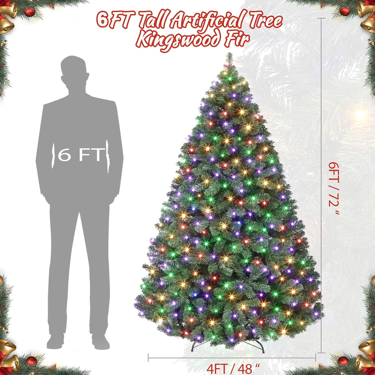 GAOMON 6ft Prelit Wide Fraser Fir Artificial Christmas Tree with RGBW Light