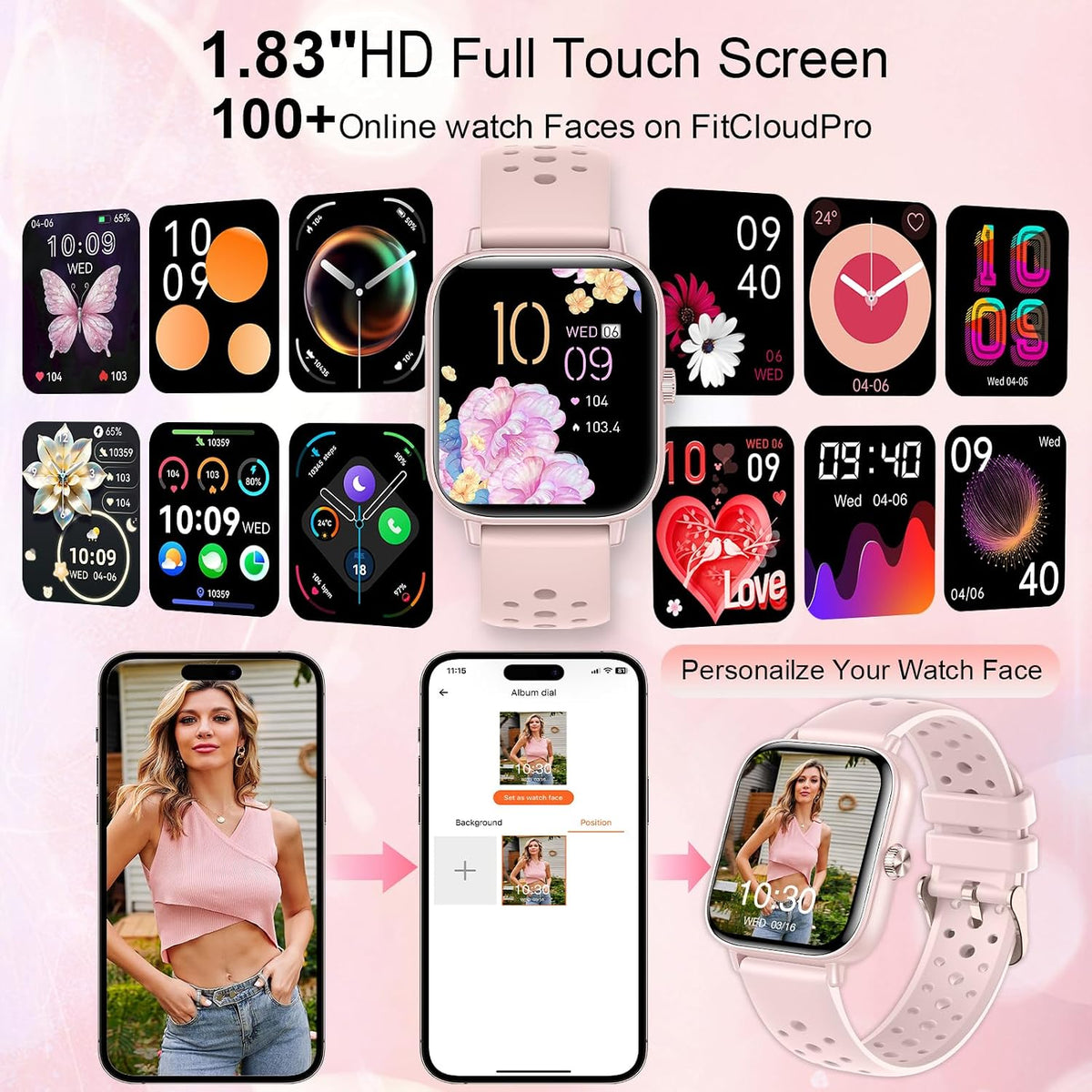 Smart Watch for Women 3 Bands 1.83" HD Fitness Tracker Sleep Monitor Pink