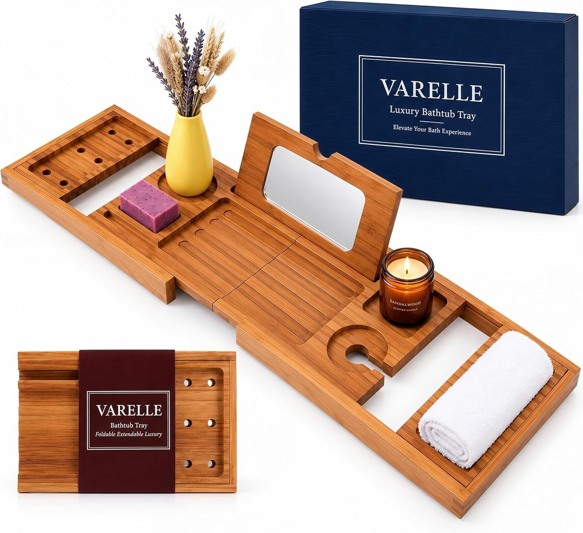 Acacia Bathtub Tray, Foldable & Extendable Bath Caddy with Non-Slip Desig...