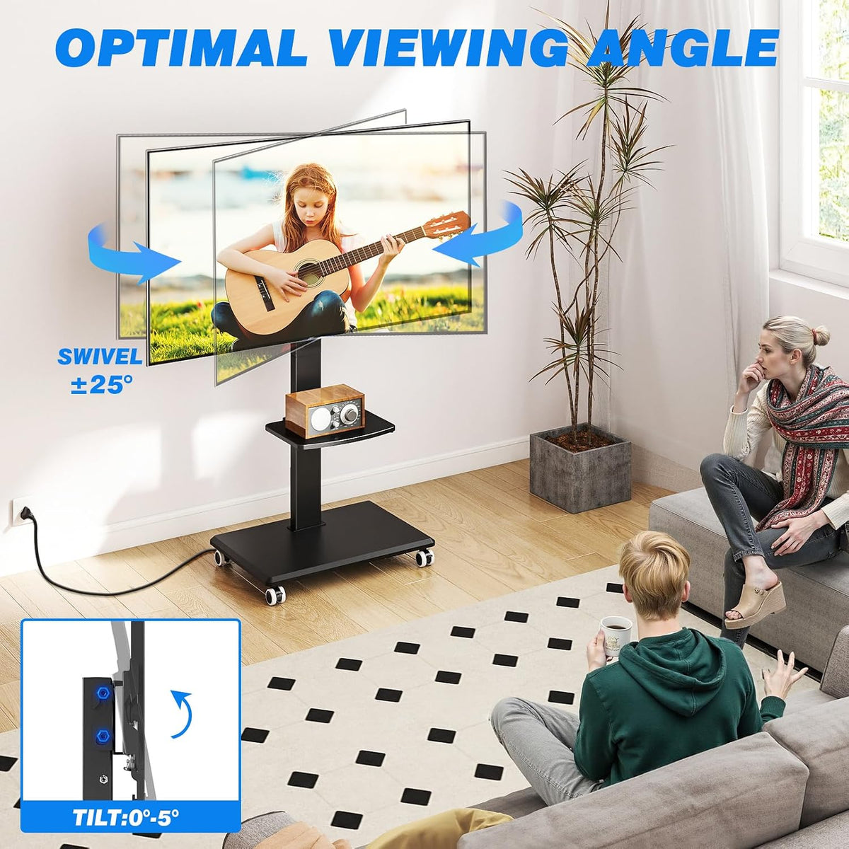 Rfiver Rolling TV Stand 32-75 Inch with Power Outlet and Shelf, Black