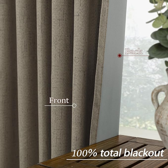 KOUFALL Dark Taupe Brown Curtains 108 Inches Long Blackout Linen Back Tab