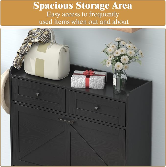 Shoe Cabinet with 3 Flip Drawers & 2 Storage Drawers, Rustic Farmhouse Na...