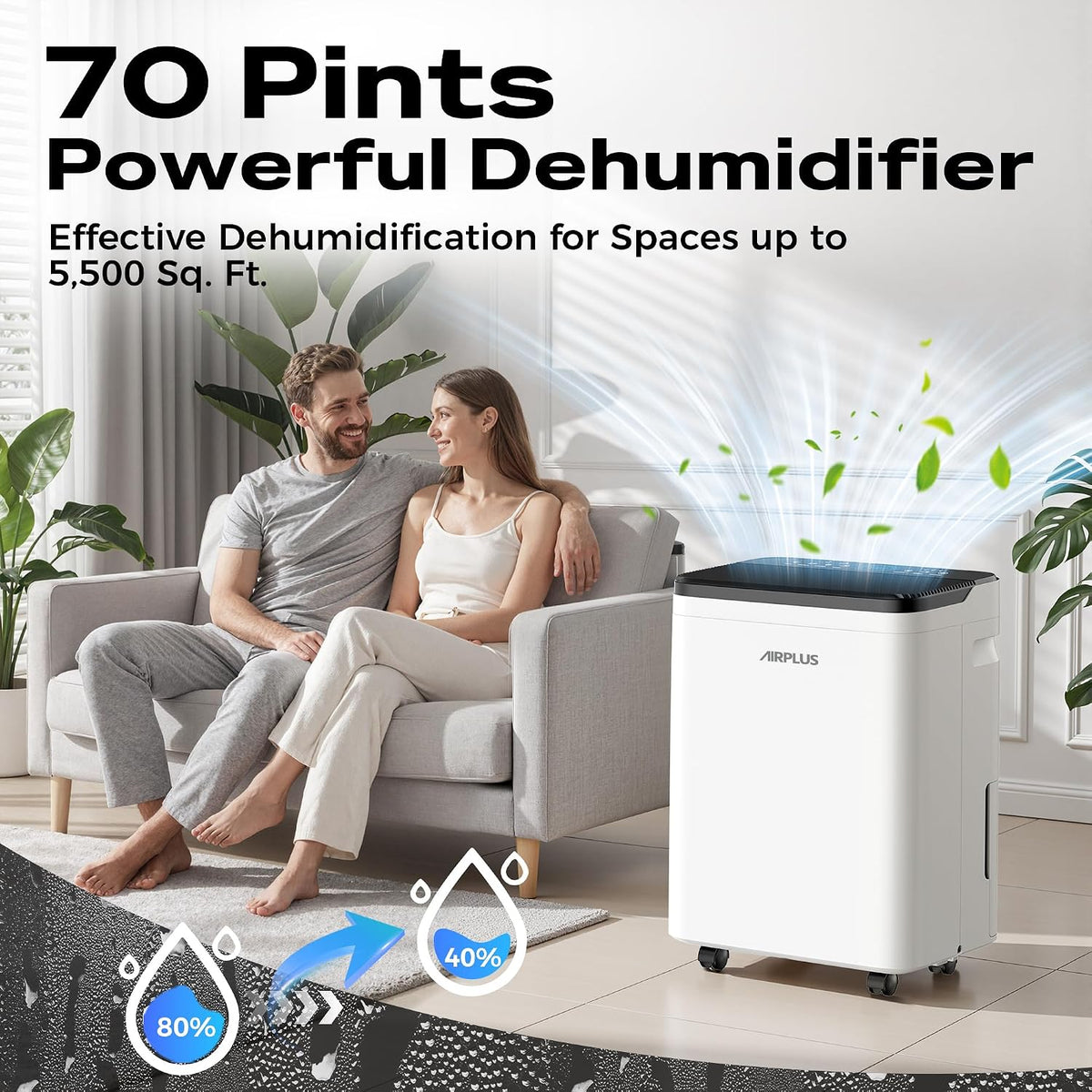 AIRPLUS Max 70 Pint Quiet Dehumidifier for Home Bedroom up to 5500 Sq Ft