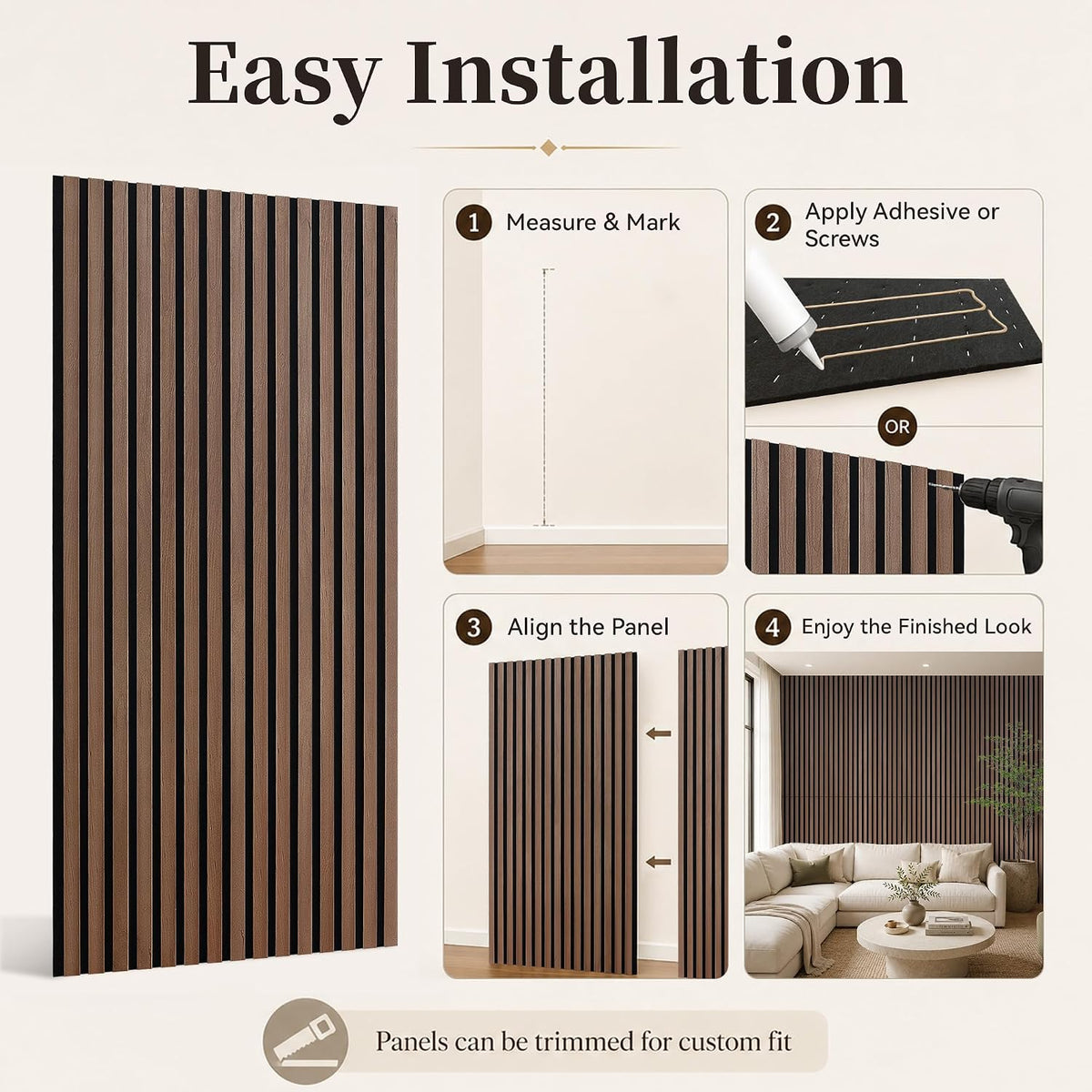 Acoustic Wood Slat Wall Panels, 4-Piece 47.2"x23.6" 31ft², 3D Flute...