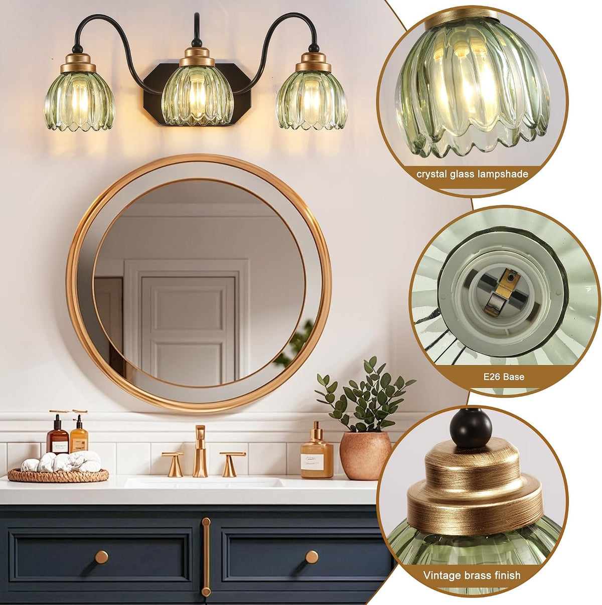 Vintage Gold Bathroom Light Fixtures,3 Light Green Tulip Crystal
