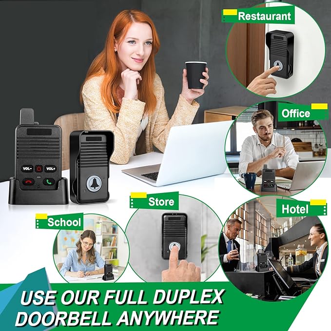 Wireless Doorbell, Hands Free Intercom Doorbells 1000ft Range, Full Duplex Two